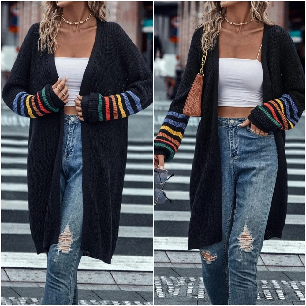 029 Cozy Striped Sleeve Open Front Long Cardigan - Picture 2 of 2